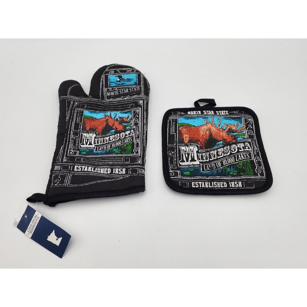 LOVE FROM MINNESOTA OVEN MITT GLOVE AND‎ POTHOLDER SET MOOSE LAND OF 10K LAKES